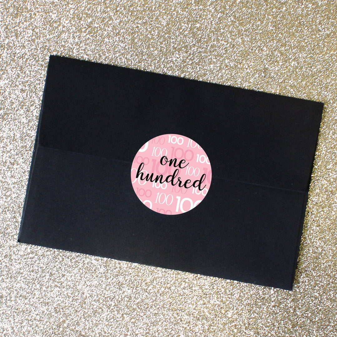 100th Birthday: Pink and Black - Adult Birthday - Round Favor Stickers - 40 Stickers - Distinctivs Party