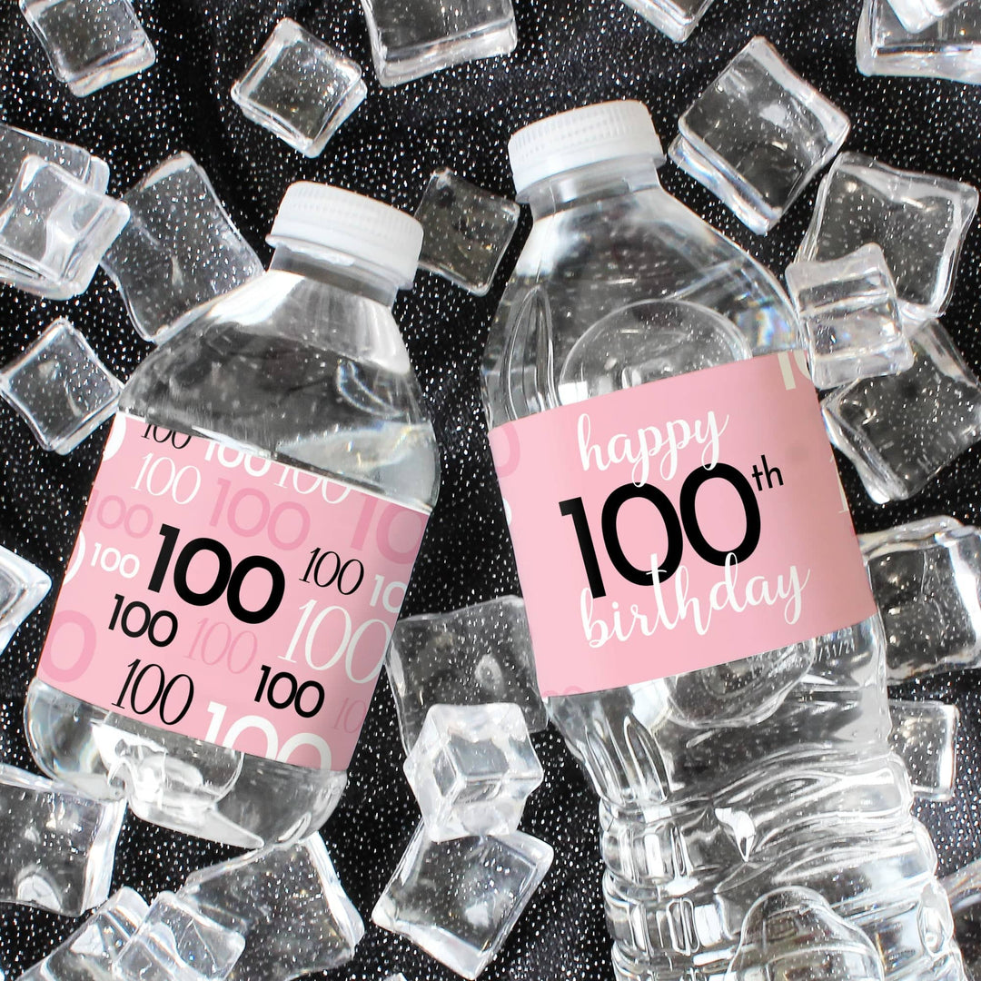 100th Birthday: Pink and Black - Adult Birthday - Water Bottle Label Stickers - 24 Waterproof Stickers - Distinctivs Party