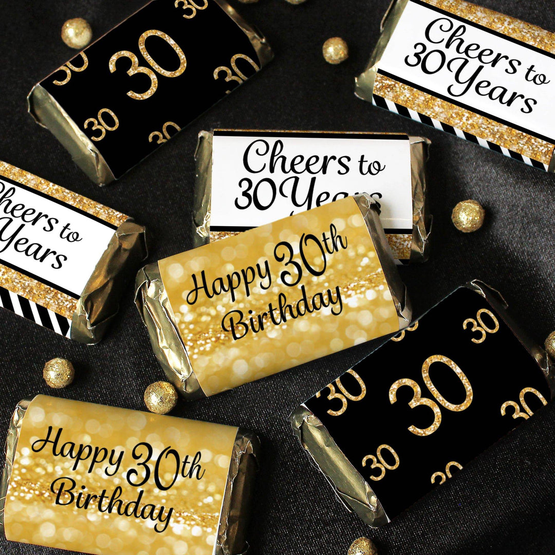 30th Birthday: Black & Gold - Hershey's Miniatures Candy Bar Wrappers Stickers - 45 Stickers - Distinctivs Party