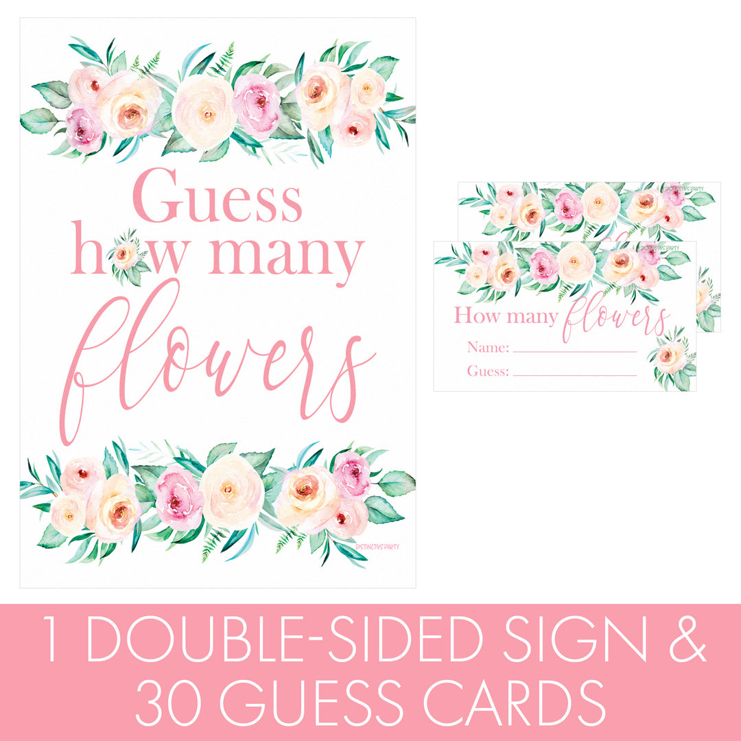 Pink Floral: How Many Flowers Floral Party Game - Baby Shower, Bridal, Birthday - Distinctivs Party