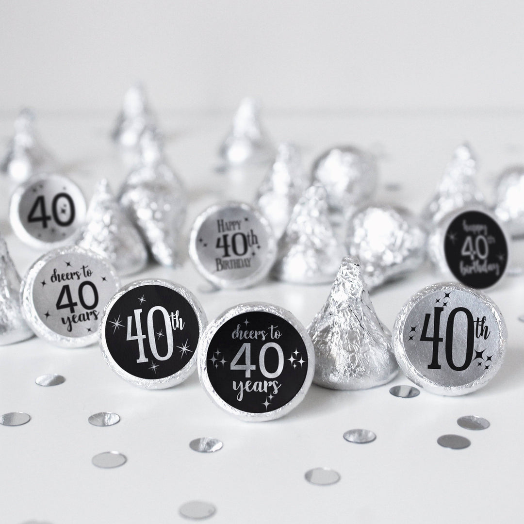 40th Birthday: Black and Silver - Adult Birthday -  Party Favor Stickers - Fits on Hershey's Kisses - 180 Stickers - Distinctivs Party