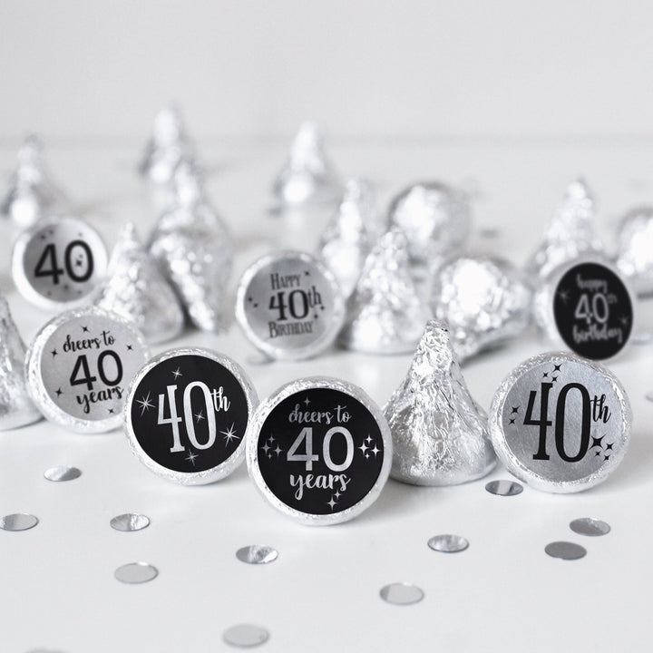 40th Birthday: Black and Silver - Adult Birthday -  Party Favor Stickers - Fits on Hershey's Kisses - 180 Stickers - Distinctivs Party