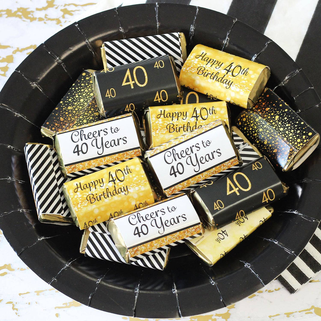 40th Birthday: Black & Gold - Hershey's Miniatures Candy Bar Wrappers Stickers - 45 Stickers - Distinctivs Party