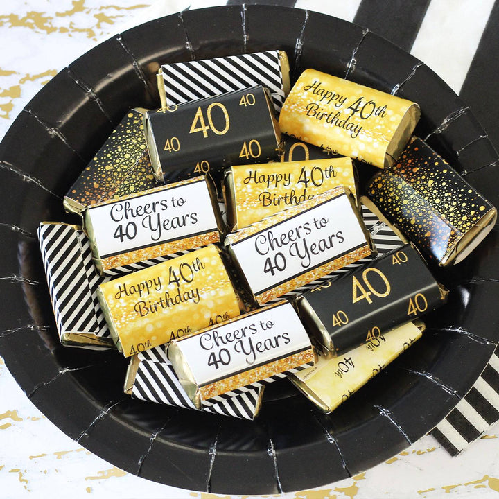 40th Birthday: Black & Gold - Hershey's Miniatures Candy Bar Wrappers Stickers - 45 Stickers - Distinctivs Party
