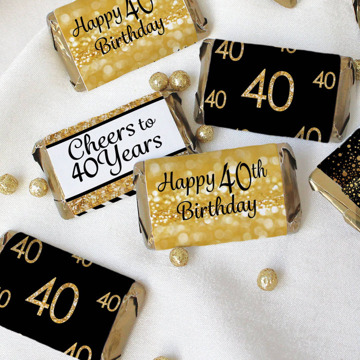 40th Birthday: Black & Gold - Hershey's Miniatures Candy Bar Wrappers Stickers - 45 Stickers - Distinctivs Party