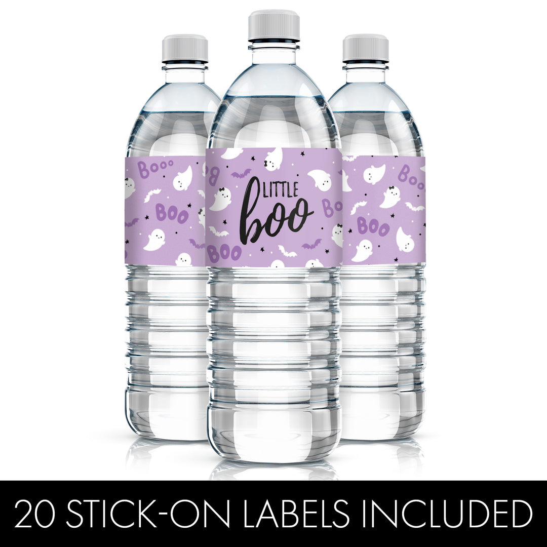 Little Boo: Purple - Girl Baby Shower - Fall Water Bottle Label Stickers - 20 Waterproof Stickers - Distinctivs Party