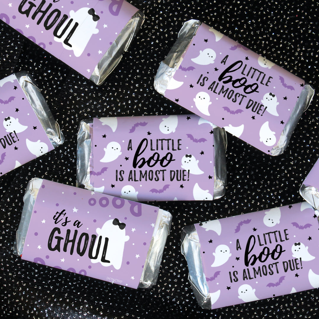 Little Boo: Purple - Girl Baby Shower - Fall Hershey's Miniatures Candy Bar Wrappers Stickers - 42 Stickers - Distinctivs Party