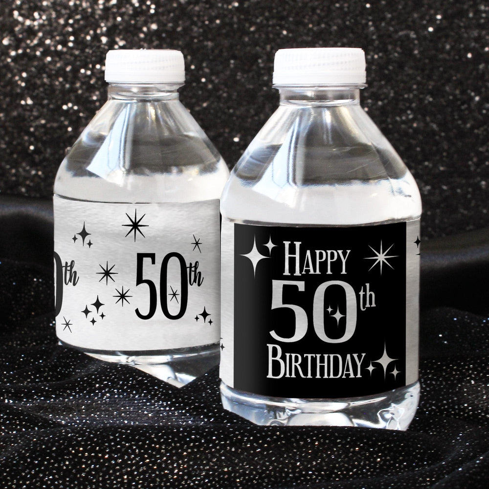50th Birthday: Black and Silver Foil - Adult Birthday -  Water Bottle Label Stickers - 24 Waterproof Stickers - Distinctivs Party