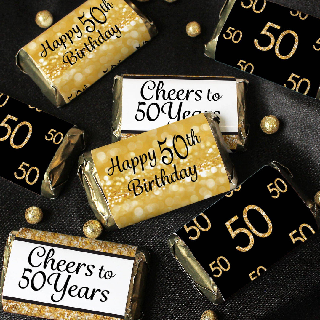 50th Birthday: Black & Gold - Hershey's Miniatures Candy Bar Wrappers Stickers - 45 Stickers - Distinctivs Party