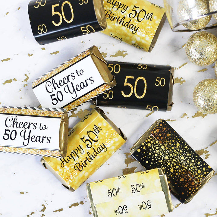 50th Birthday: Black & Gold - Hershey's Miniatures Candy Bar Wrappers Stickers - 45 Stickers - Distinctivs Party