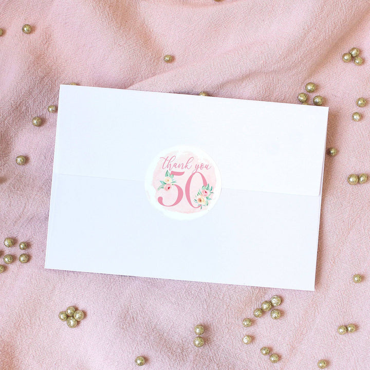50th Birthday: Floral - Circle Label Thank You Stickers - 40 Stickers - Distinctivs Party