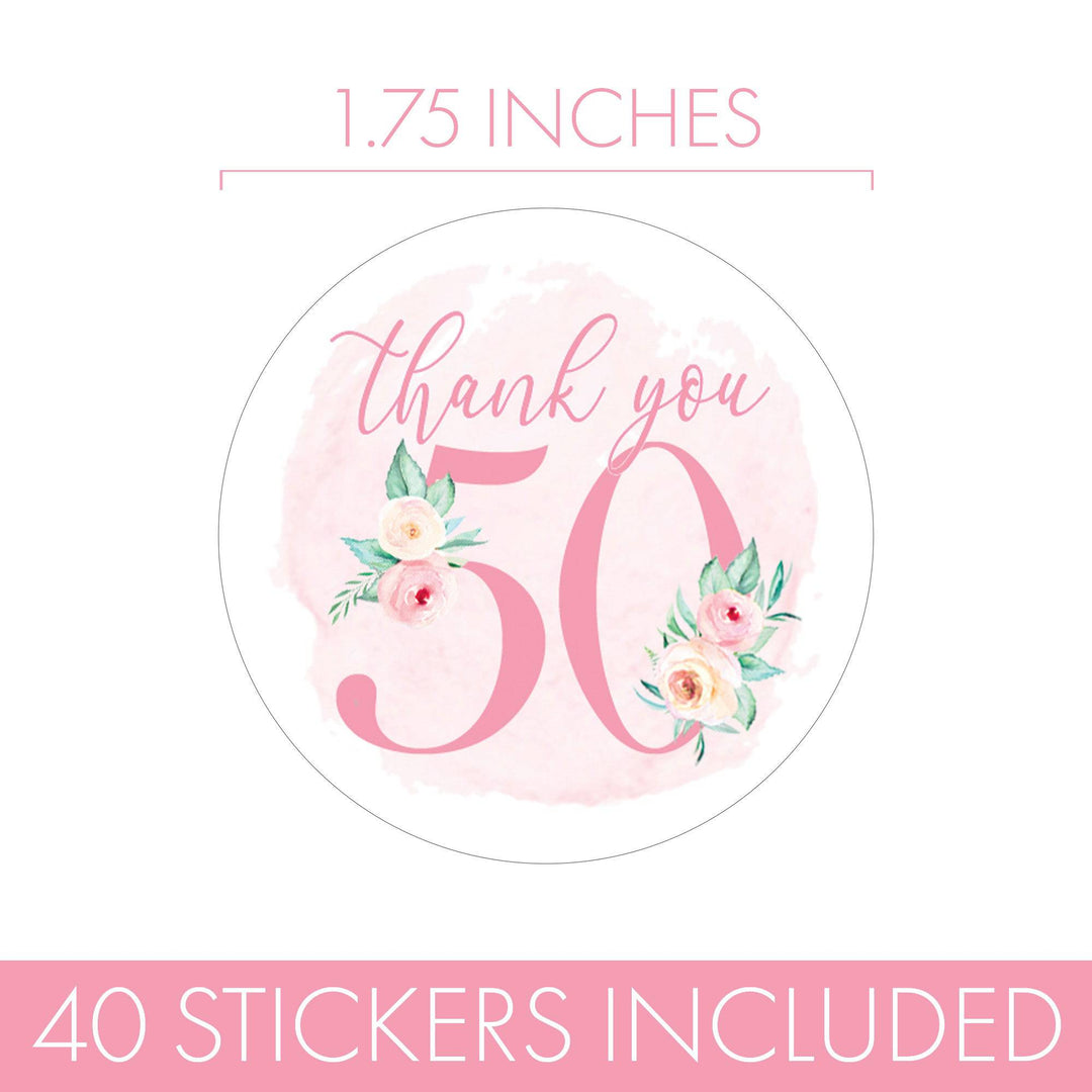 50th Birthday: Floral - Circle Label Thank You Stickers - 40 Stickers - Distinctivs Party