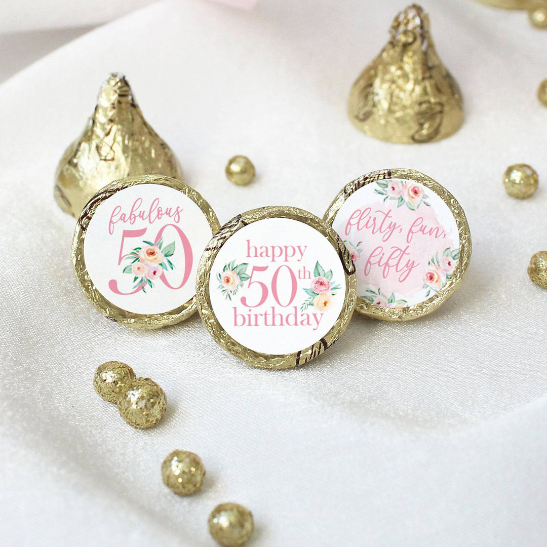50th Birthday: Floral - Favor Stickers Fits on Hershey's Kisses - 180 Stickers - Distinctivs Party