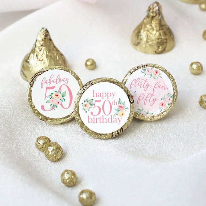 50th Birthday: Floral - Favor Stickers Fits on Hershey's Kisses - 180 Stickers - Distinctivs Party
