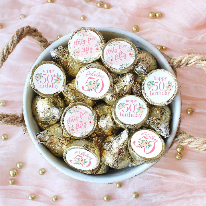 50th Birthday: Floral - Favor Stickers Fits on Hershey's Kisses - 180 Stickers - Distinctivs Party