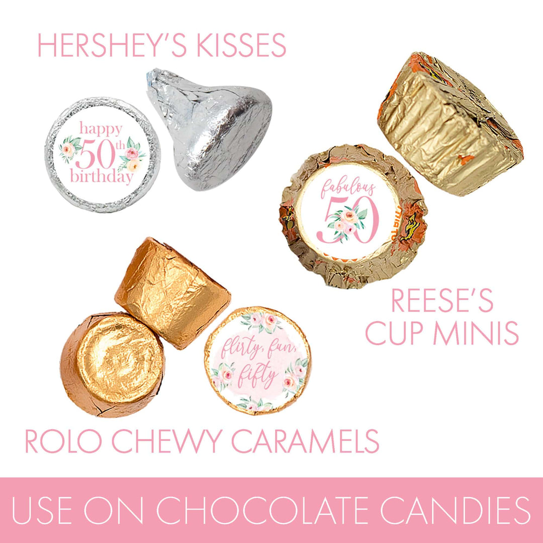50th Birthday: Floral - Favor Stickers Fits on Hershey's Kisses - 180 Stickers - Distinctivs Party