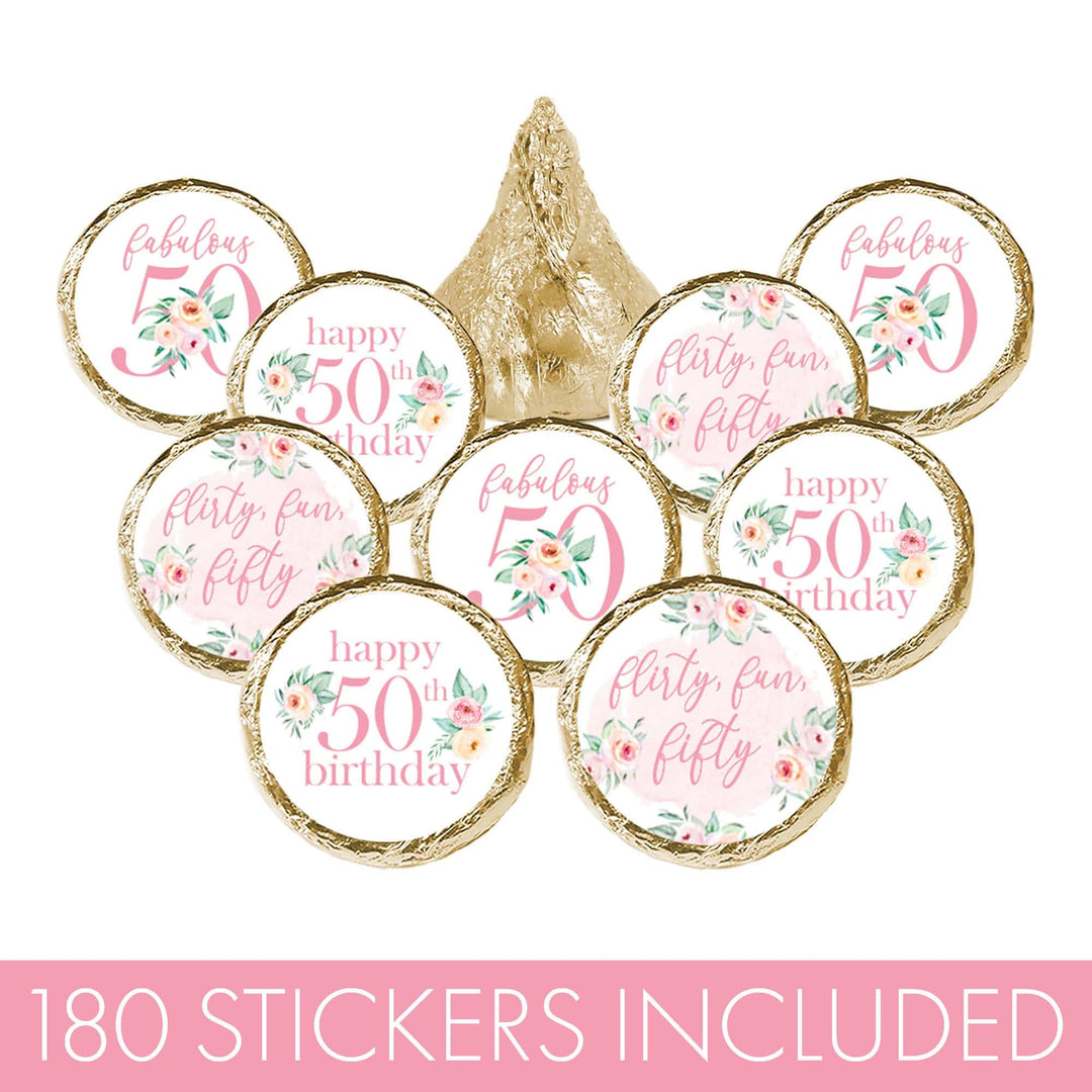 50th Birthday: Floral - Favor Stickers Fits on Hershey's Kisses - 180 Stickers - Distinctivs Party