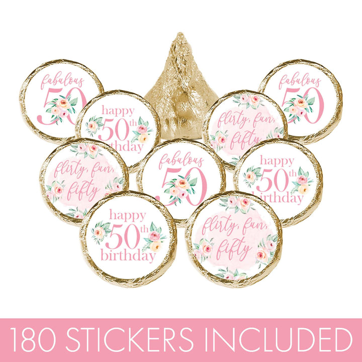 50th Birthday: Floral - Favor Stickers Fits on Hershey's Kisses - 180 Stickers - Distinctivs Party