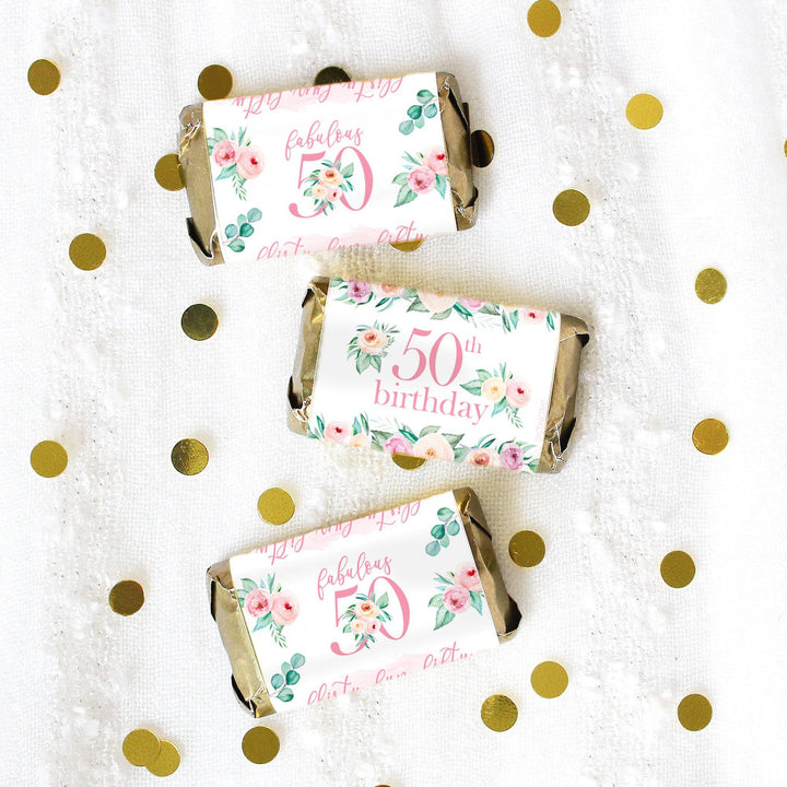 50th Birthday: Floral - Hershey's Miniatures Candy Bar Wrappers - 45 Stickers - Distinctivs Party