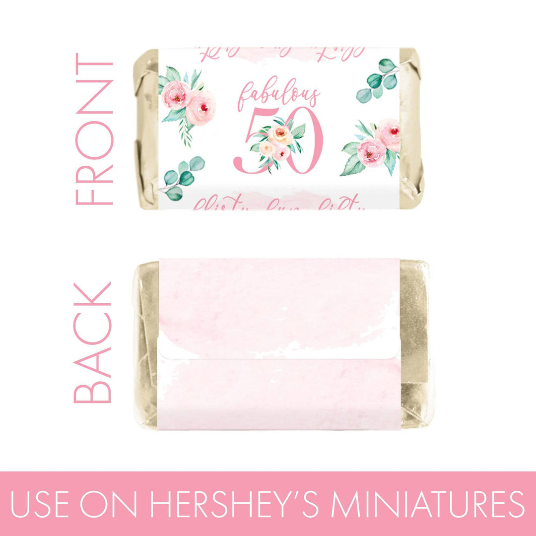 50th Birthday: Floral - Hershey's Miniatures Candy Bar Wrappers - 45 Stickers - Distinctivs Party