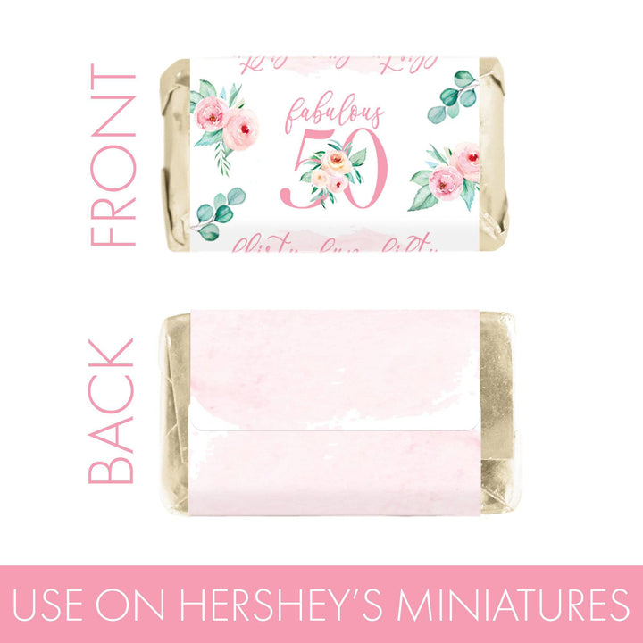 50th Birthday: Floral - Hershey's Miniatures Candy Bar Wrappers - 45 Stickers - Distinctivs Party