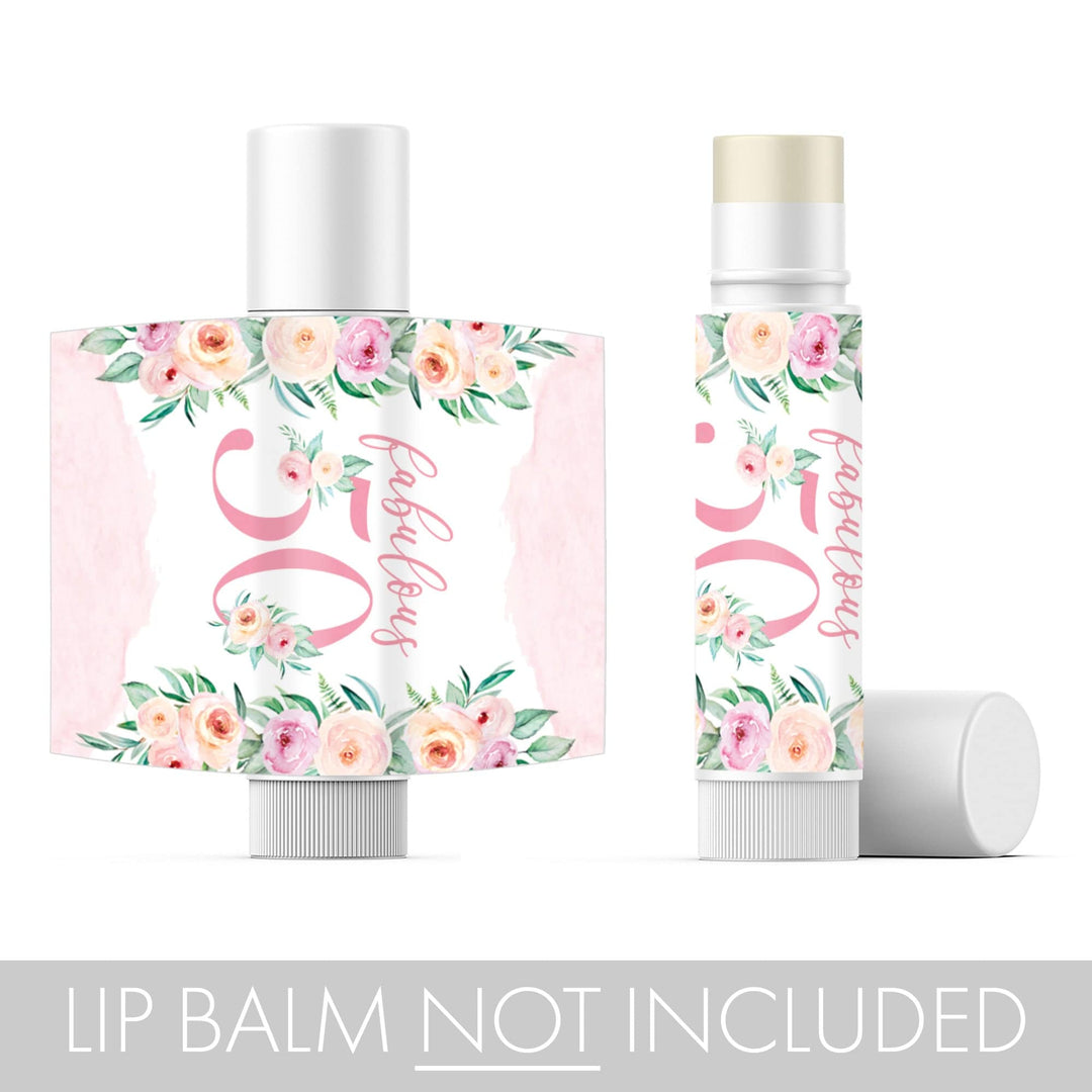 50th Birthday: Floral -  Lip Balm Labels - 36 Stickers - Distinctivs Party