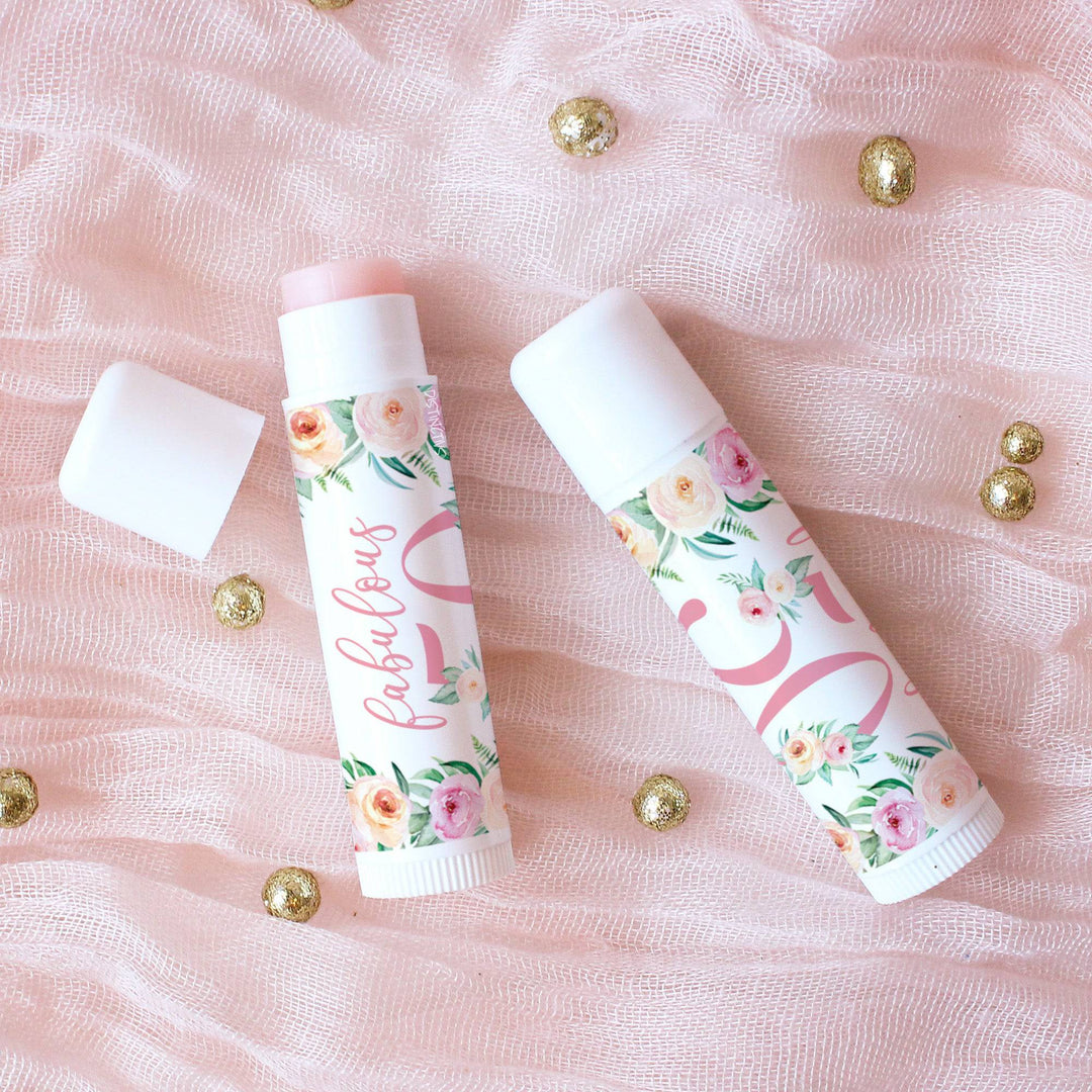 50th Birthday: Floral -  Lip Balm Labels - 36 Stickers - Distinctivs Party