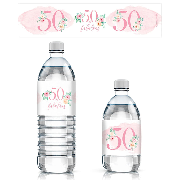 50th Birthday: Floral - Water Bottle Labels - 24 Waterproof Stickers - Distinctivs Party