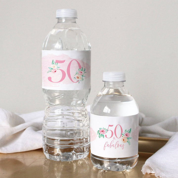 50th Birthday: Floral - Water Bottle Labels - 24 Waterproof Stickers - Distinctivs Party