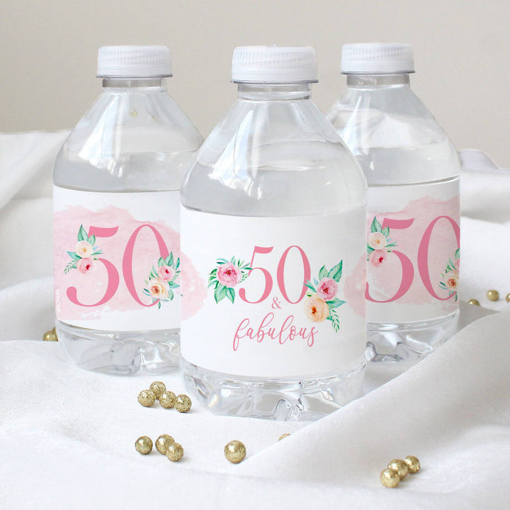 50th Birthday: Floral - Water Bottle Labels - 24 Waterproof Stickers - Distinctivs Party