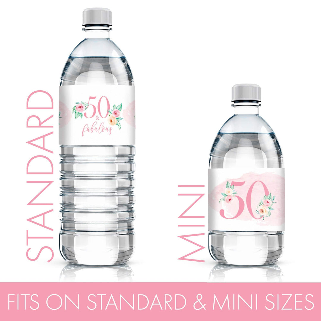 50th Birthday: Floral - Water Bottle Labels - 24 Waterproof Stickers - Distinctivs Party