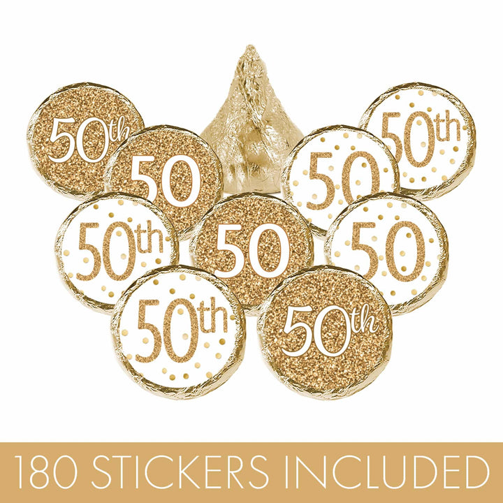 50th Birthday: White and Gold - Adult Birthday - Party Favor Stickers - Fits on Hershey's Kisses - 180 Stickers - Distinctivs Party