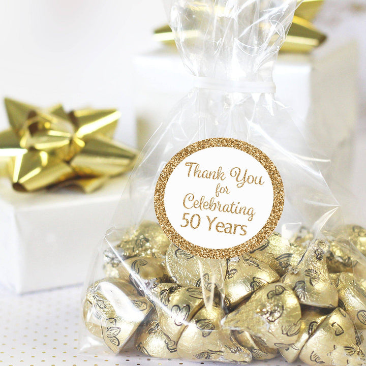 50th Birthday: White and Gold - Adult Birthday -  Thank You Round Favor Stickers - 40 Stickers - Distinctivs Party