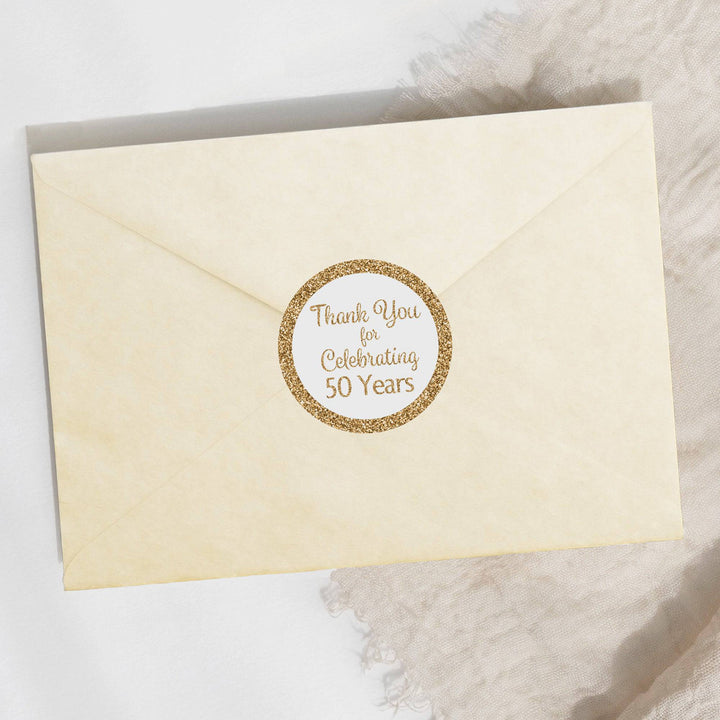 50th Birthday: White and Gold - Adult Birthday -  Thank You Round Favor Stickers - 40 Stickers - Distinctivs Party