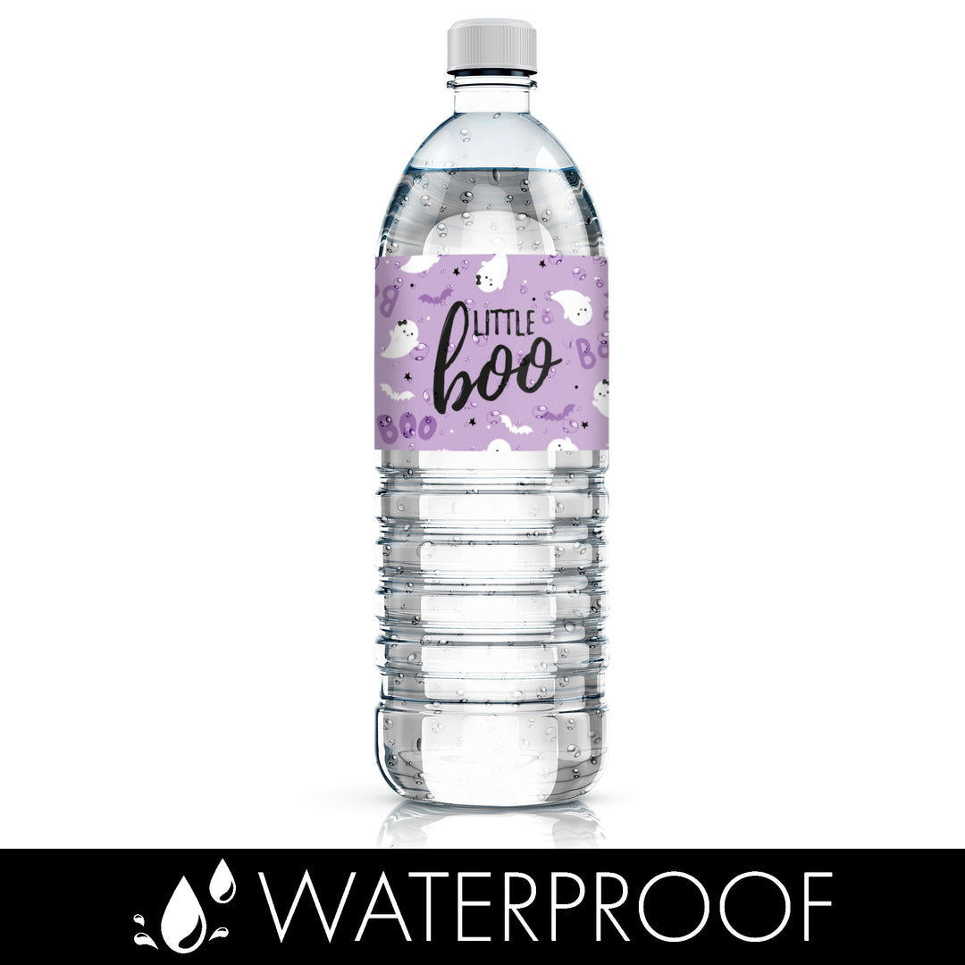 Little Boo: Purple - Girl Baby Shower - Fall Water Bottle Label Stickers - 20 Waterproof Stickers - Distinctivs Party