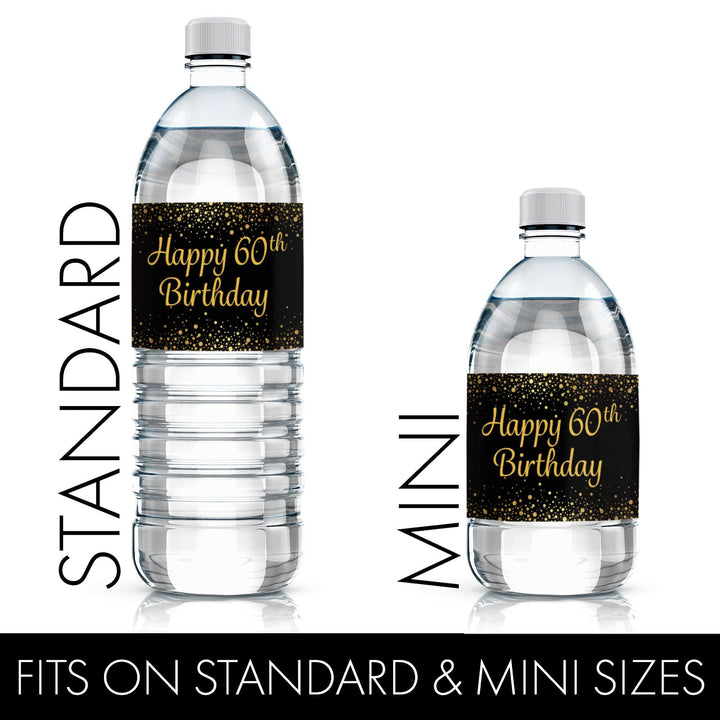 60th Birthday: Black & Gold - Adult Birthday - Water Bottle Labels - 20 Stickers - Distinctivs Party