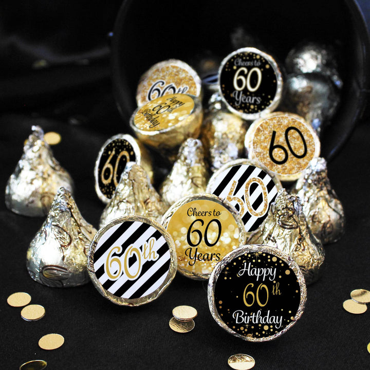 60th Birthday: Black & Gold - Fits on Hershey's Kisses - 180 Stickers - Distinctivs Party
