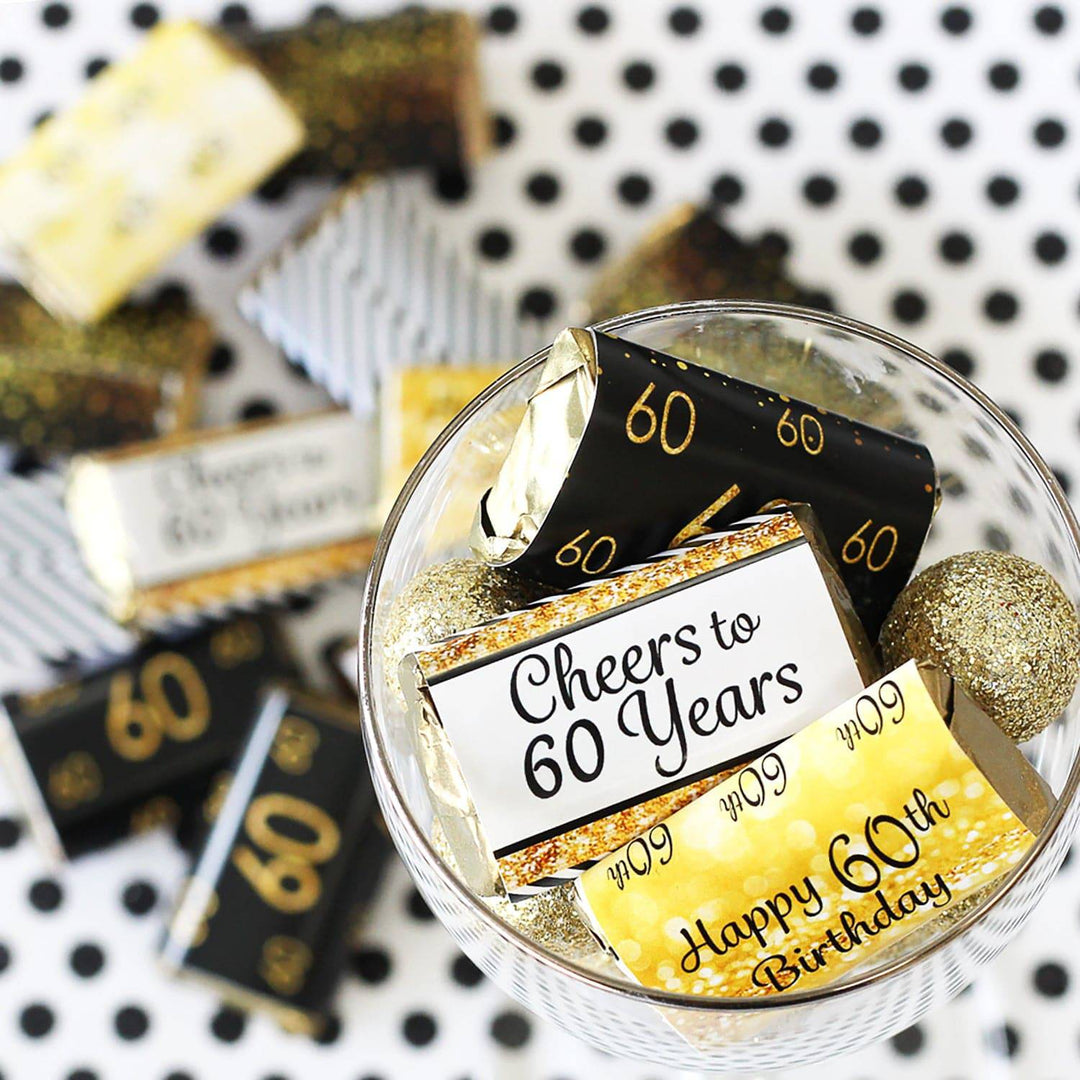60th Birthday: Black & Gold - Hershey's Miniatures Candy Bar Wrappers Stickers - 45 Stickers - Distinctivs Party