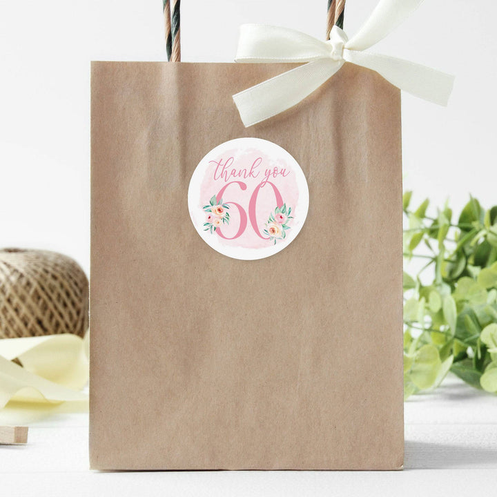 60th Birthday: Floral - Circle Label Thank You Stickers - 40 Stickers - Distinctivs Party