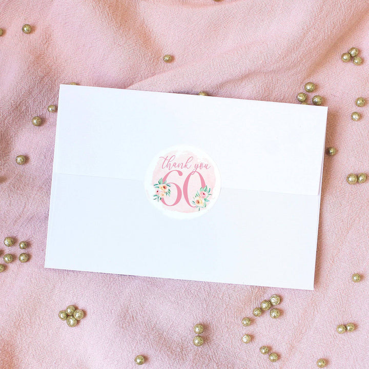 60th Birthday: Floral - Circle Label Thank You Stickers - 40 Stickers - Distinctivs Party