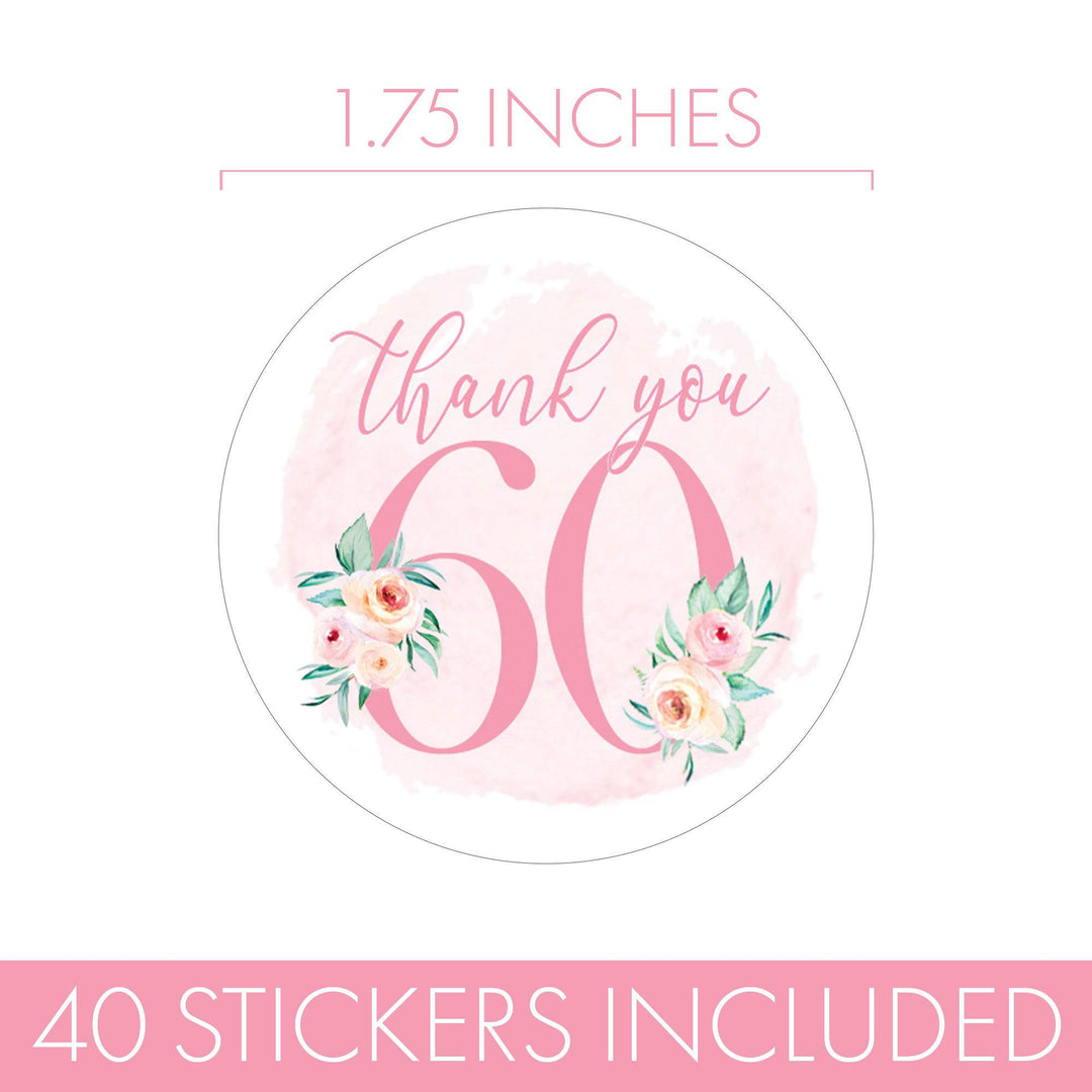 60th Birthday: Floral - Circle Label Thank You Stickers - 40 Stickers - Distinctivs Party