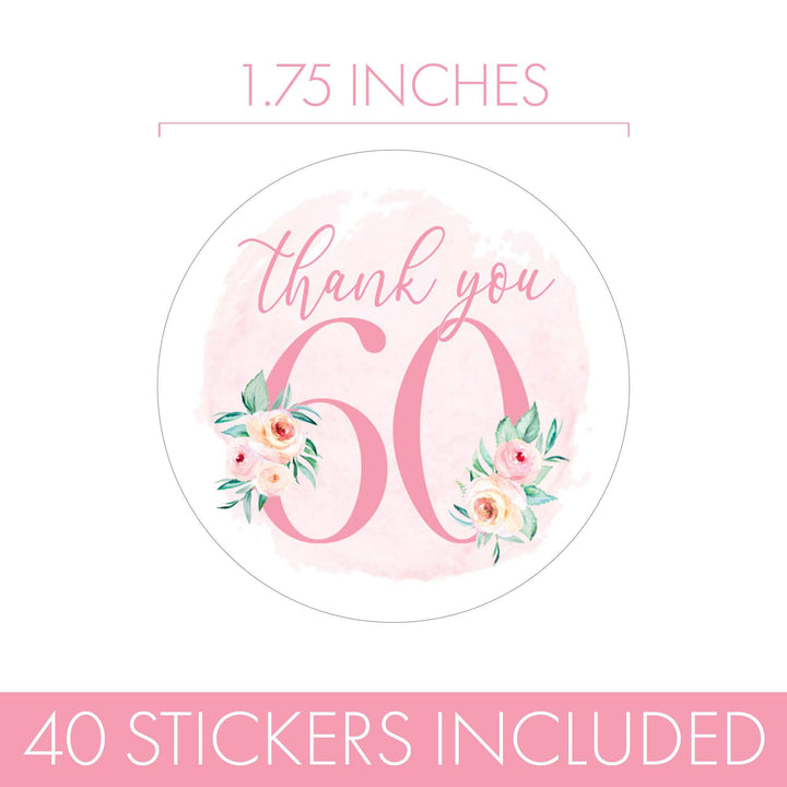 60th Birthday: Floral - Circle Label Thank You Stickers - 40 Stickers - Distinctivs Party