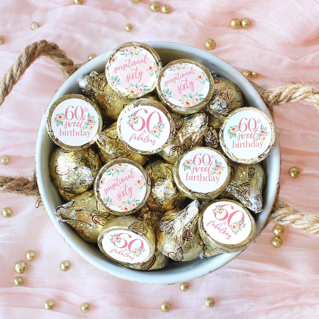 60th Birthday: Floral - Favor Stickers Fits on Hershey's Kisses - 180 Stickers - Distinctivs Party