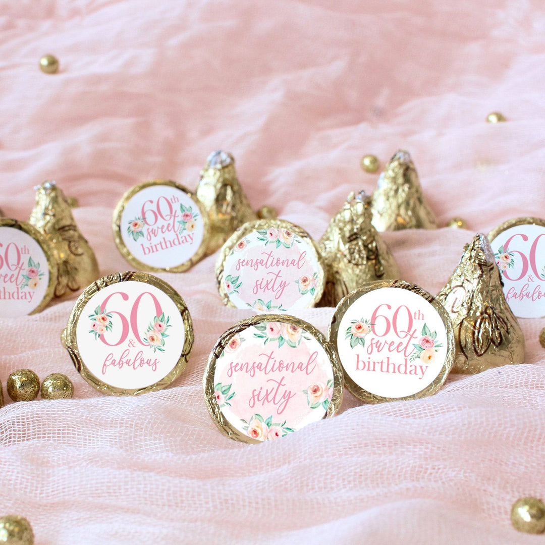 60th Birthday: Floral - Favor Stickers Fits on Hershey's Kisses - 180 Stickers - Distinctivs Party