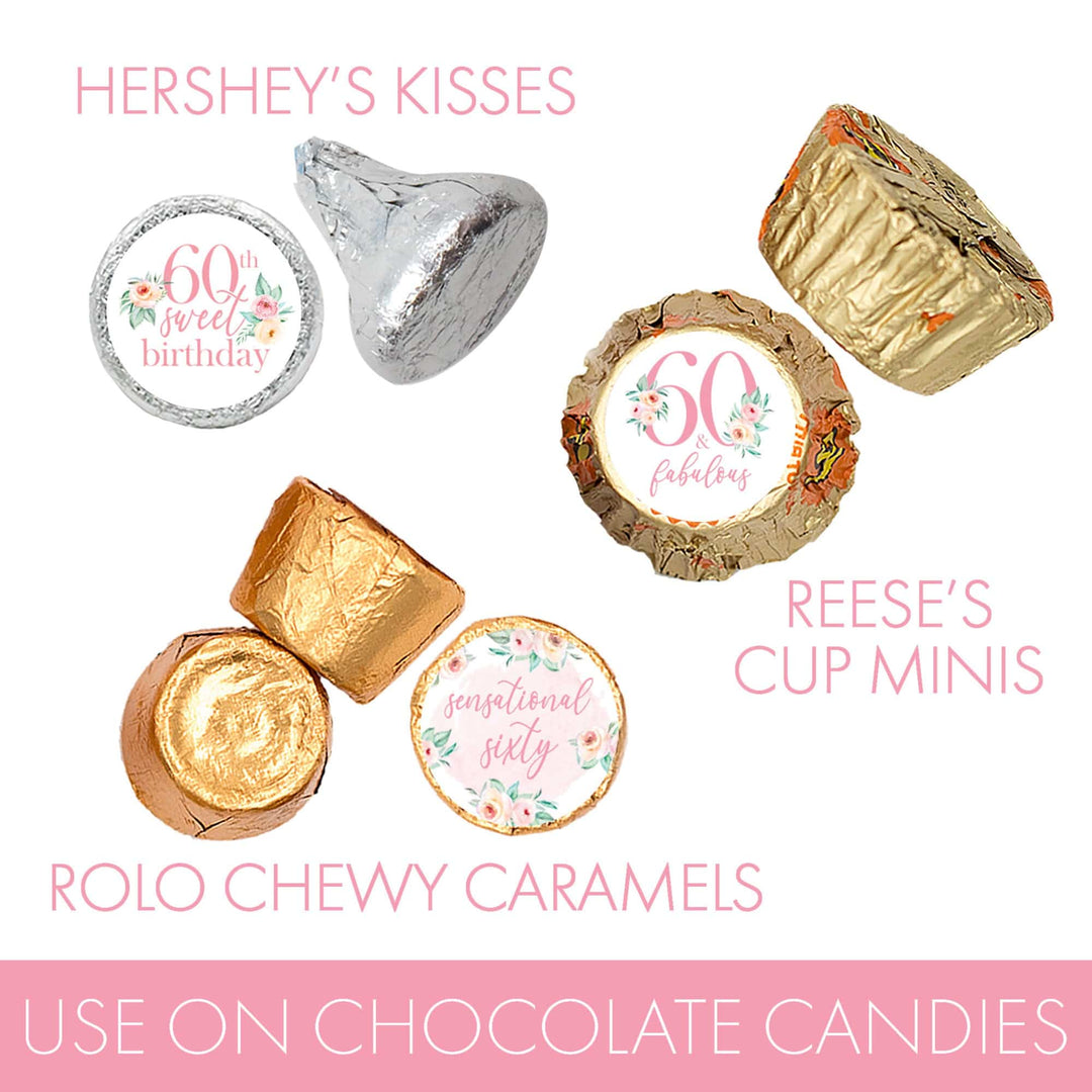 60th Birthday: Floral - Favor Stickers Fits on Hershey's Kisses - 180 Stickers - Distinctivs Party