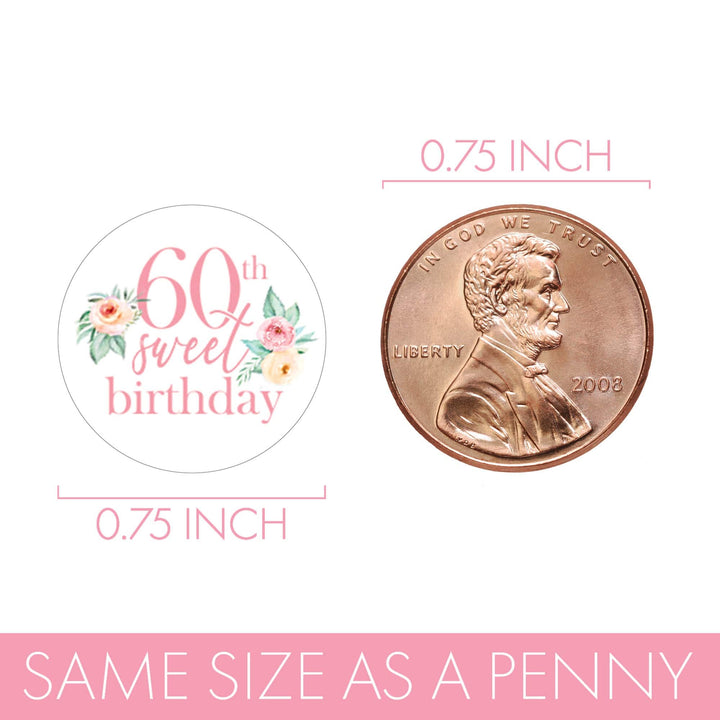 60th Birthday: Floral - Favor Stickers Fits on Hershey's Kisses - 180 Stickers - Distinctivs Party