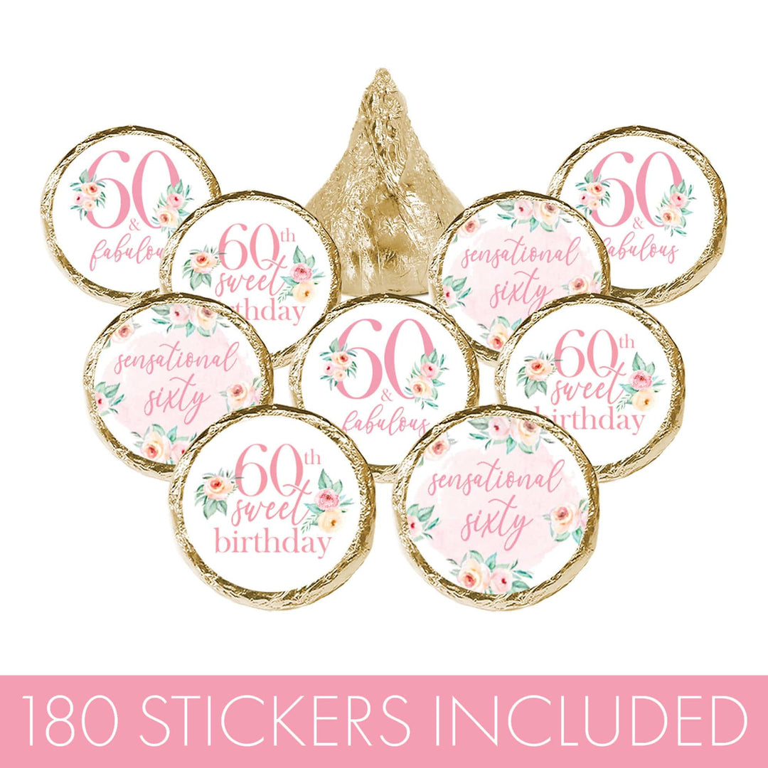 60th Birthday: Floral - Favor Stickers Fits on Hershey's Kisses - 180 Stickers - Distinctivs Party