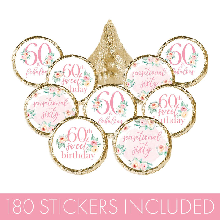 60th Birthday: Floral - Favor Stickers Fits on Hershey's Kisses - 180 Stickers - Distinctivs Party