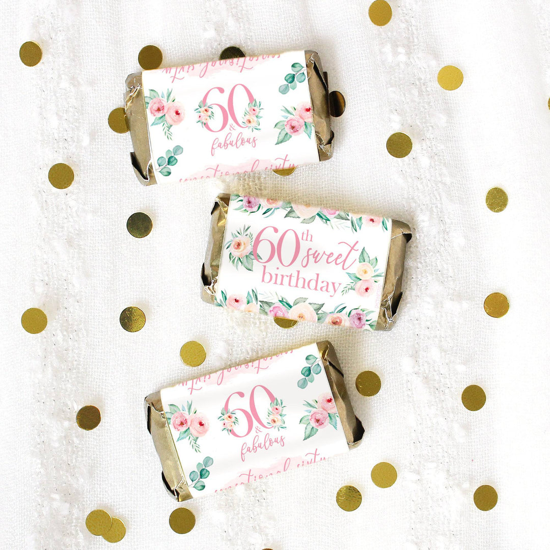 60th Birthday: Floral - Hershey's Miniatures Candy Bar Wrappers - 45 Stickers - Distinctivs Party