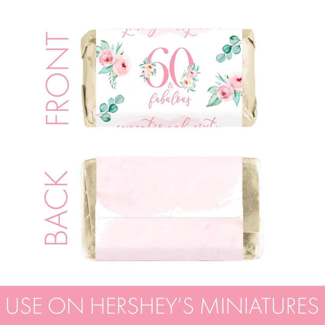 60th Birthday: Floral - Hershey's Miniatures Candy Bar Wrappers - 45 Stickers - Distinctivs Party